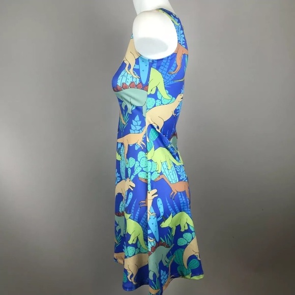 CowCow Dinosaur Print Midi Sleeveless Small Skater Cute Summer Blue Dress - Picture 2 of 6